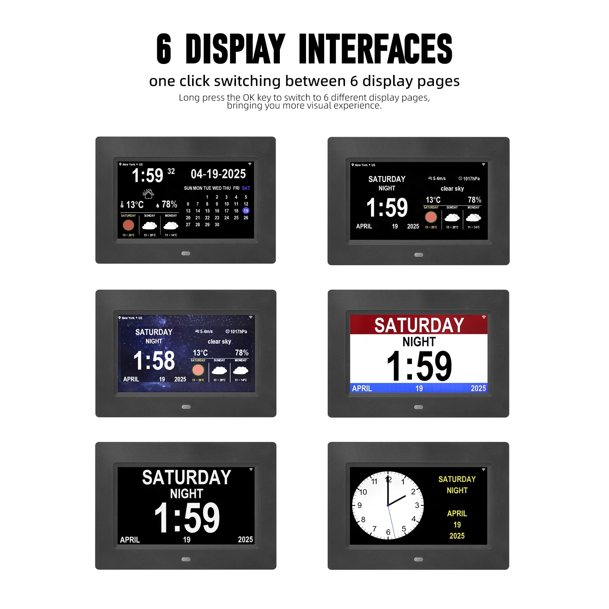 Memwake Multifunctional Large-Screen Digital Alarm Clock for Alzheimer's Patients with Date and Day of Week,Multiple Display Modes,7-inch Black