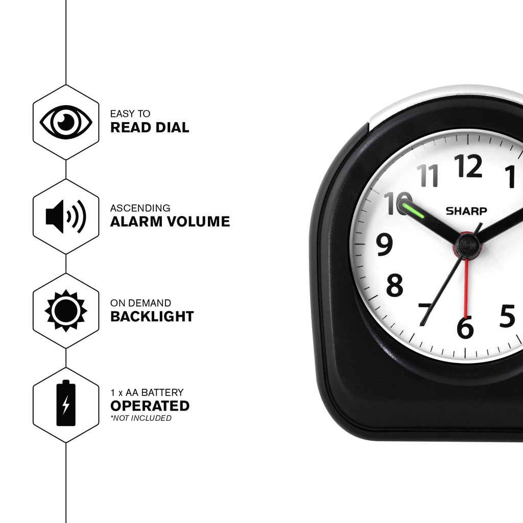 SHARP Quartz Analog Arch Alarm Clock, Black, Battery Operated, Small, Travel Clock