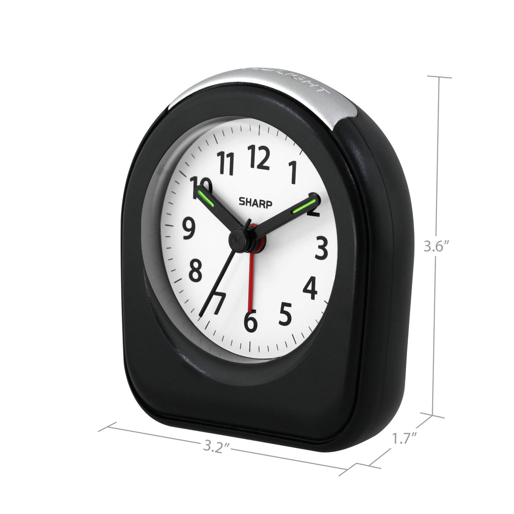 SHARP Quartz Analog Arch Alarm Clock, Black, Battery Operated, Small, Travel Clock