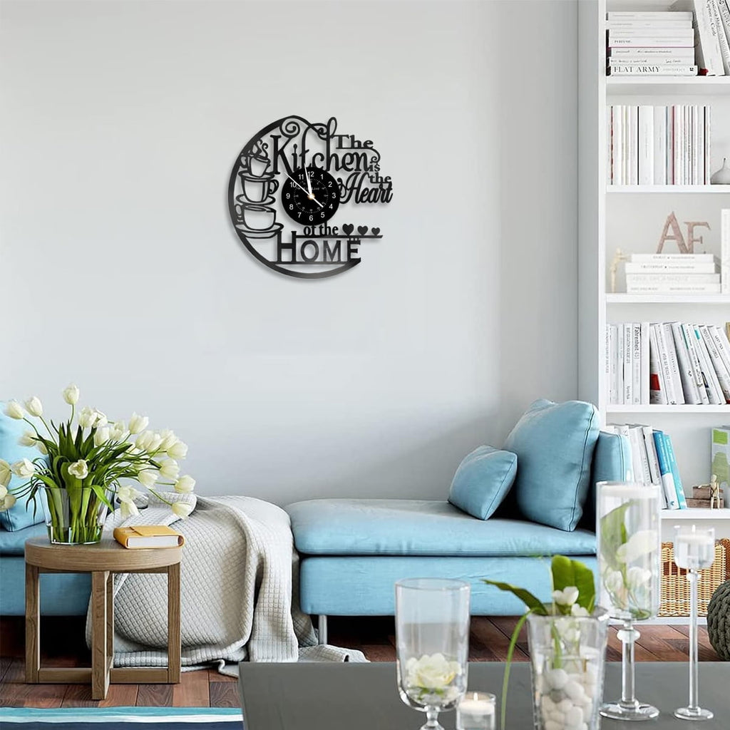 12 Inch Kitchen Vinyl Record Wall Clock, Kitchen Heat Home Theme Wall Clock, Coffee Bar Decor, Coffee Wall Decor for Office Living Room, for Women Wives, Black