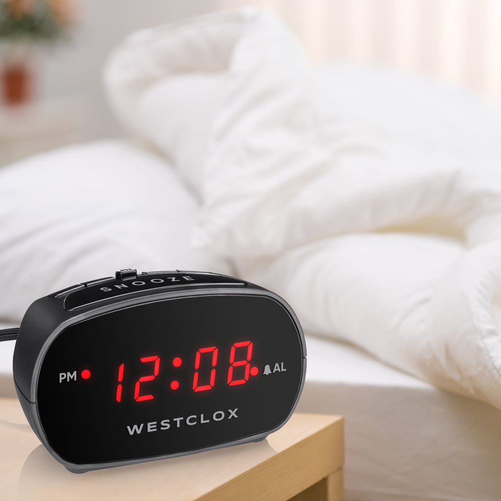 Westclox Basic Black Digital Red LED Bedside or Desk Alarm Clock with Adjustable Hi/Lo Alarm Volume and Snooze