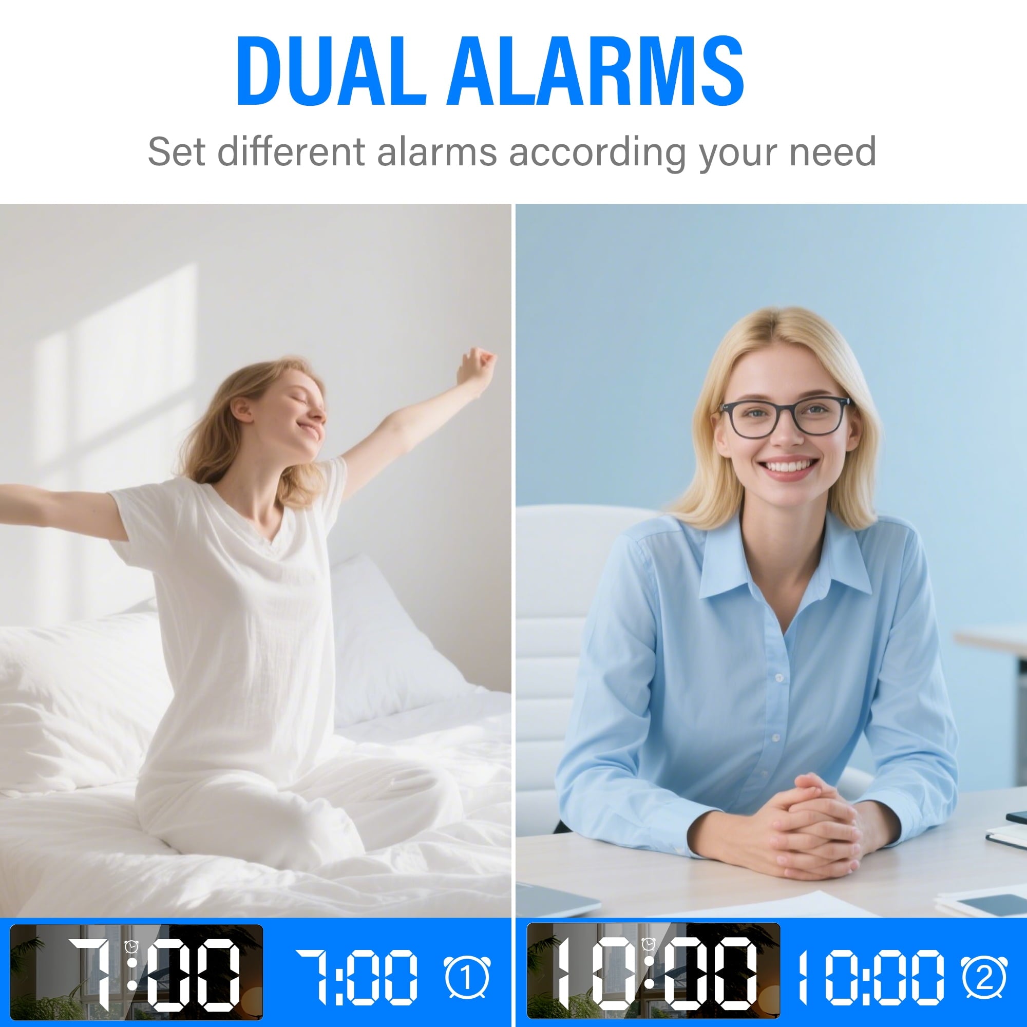DAYBETTER Digital Alarm Clock, LED Mirror Display with Dual Alarms - Battery Operated Or USB, Auto-Dimming Eye Care, Snooze mode, Bedroom Desk Decor,Gift for Kids