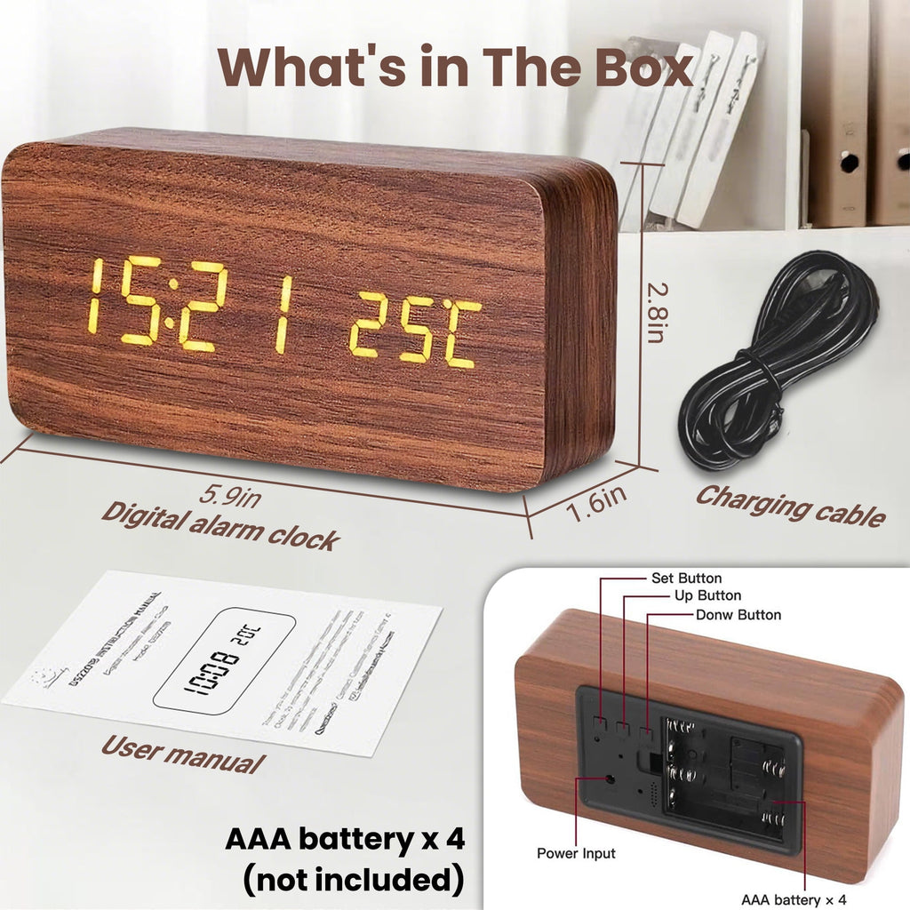 DAYBETTER Wooden Digital Alarm Clocks for Bedrooms, USB Port & Battery Powered, Loud Alarm Clock for Heavy Sleepers,Dimmer, 3 Alarms, Sound Control, Temperature, 12/24H
