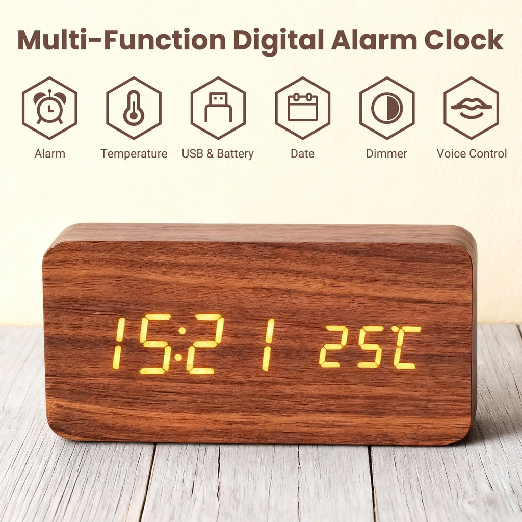DAYBETTER Wooden Digital Alarm Clocks for Bedrooms, USB Port & Battery Powered, Loud Alarm Clock for Heavy Sleepers,Dimmer, 3 Alarms, Sound Control, Temperature, 12/24H