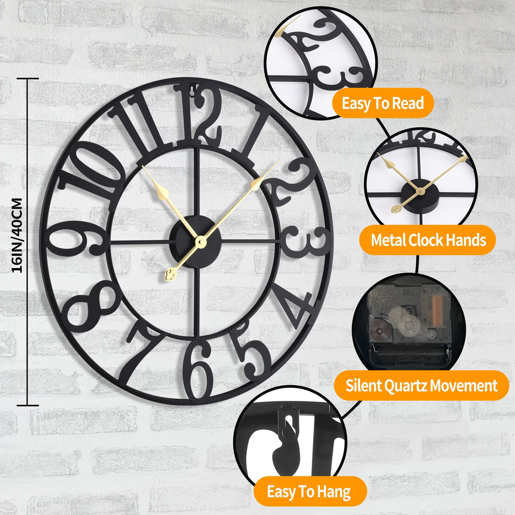Arsvita  16 Inch Large Wall Clock, Silent Non-Ticking, Battery Operated Metal Clock, Oversized, Decorative Retro Clock for Farmhouse, Dinner and Living Room, Indoor, Outdoor(Black Arabic Number)