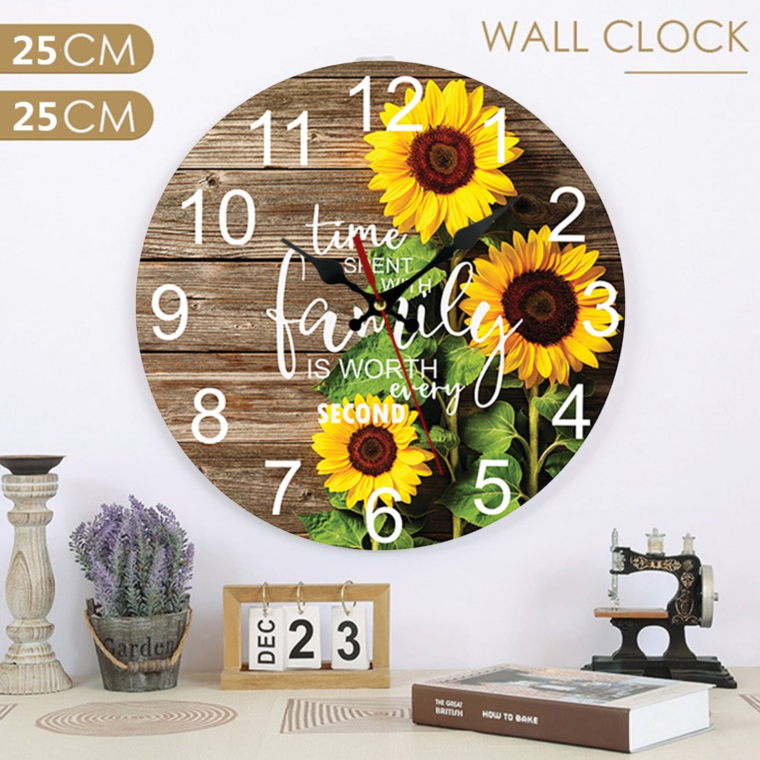 VOCOO 10'' Sunflower Round Wall Clocks, Wooden Silent Non Ticking Industrial Analog Clock for Kitchen Home Office Bedrooms (with Hook)