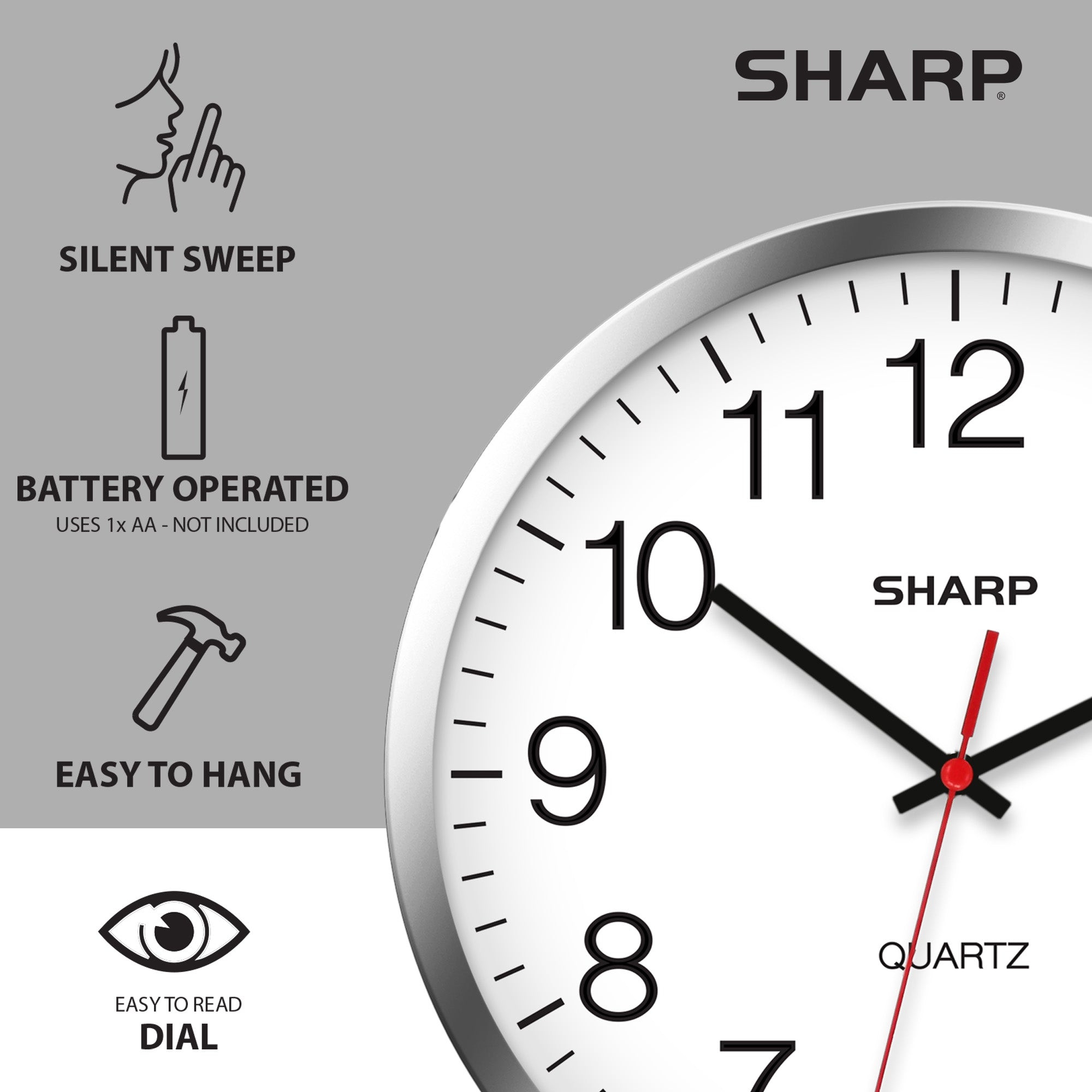 SHARP Wall Clock Silver/Chrome, Silent Non Ticking 10 Inch Quality Quartz Battery Operated Round Easy to Read Home/Kitchen/Office/Classroom/School Clocks, Sweep Movement