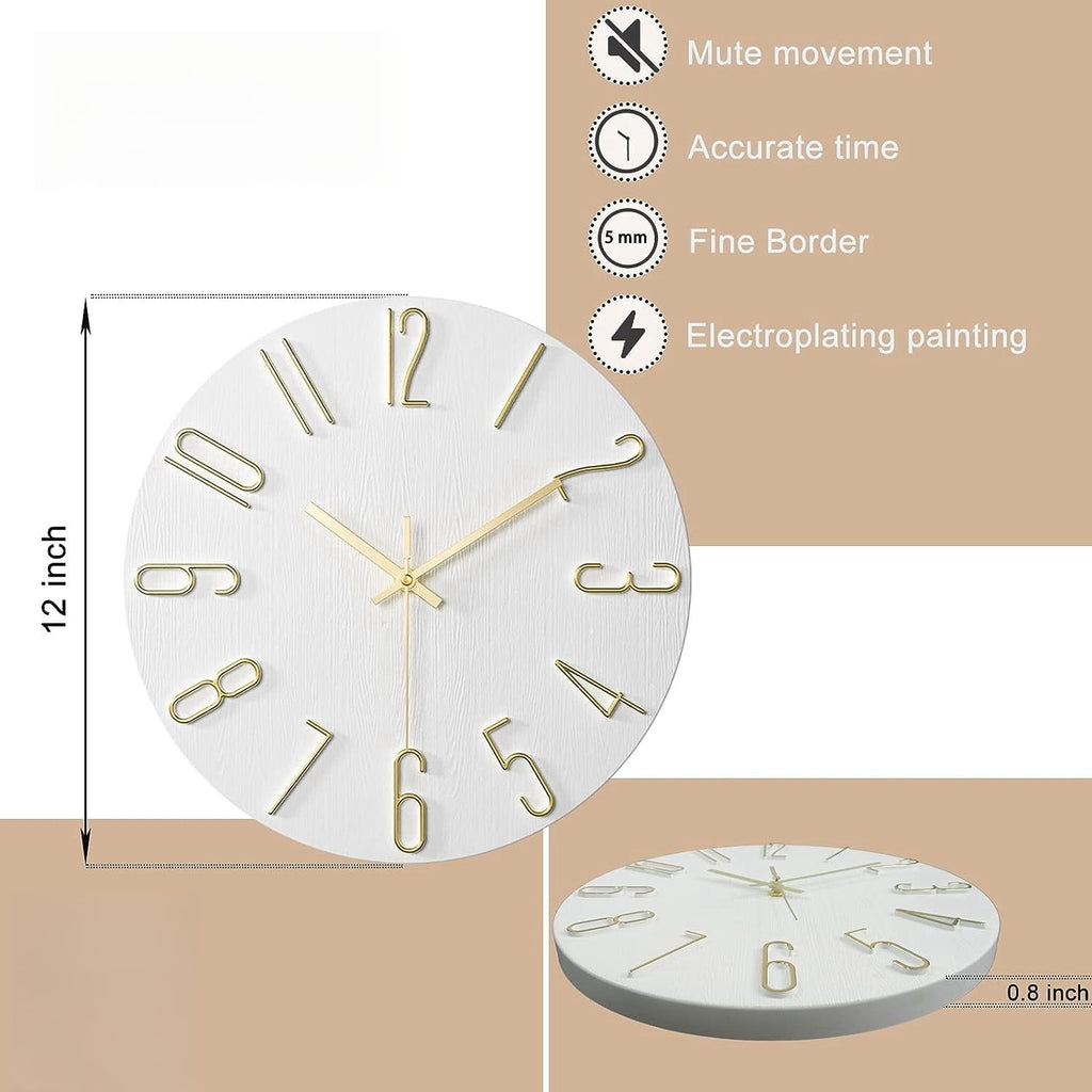 12 Inch Wall Clock Silent Non Ticking, Preciser Modern Style Decor Clock for Home, Office, School, Kitchen, Bedroom, Living Room(White)
