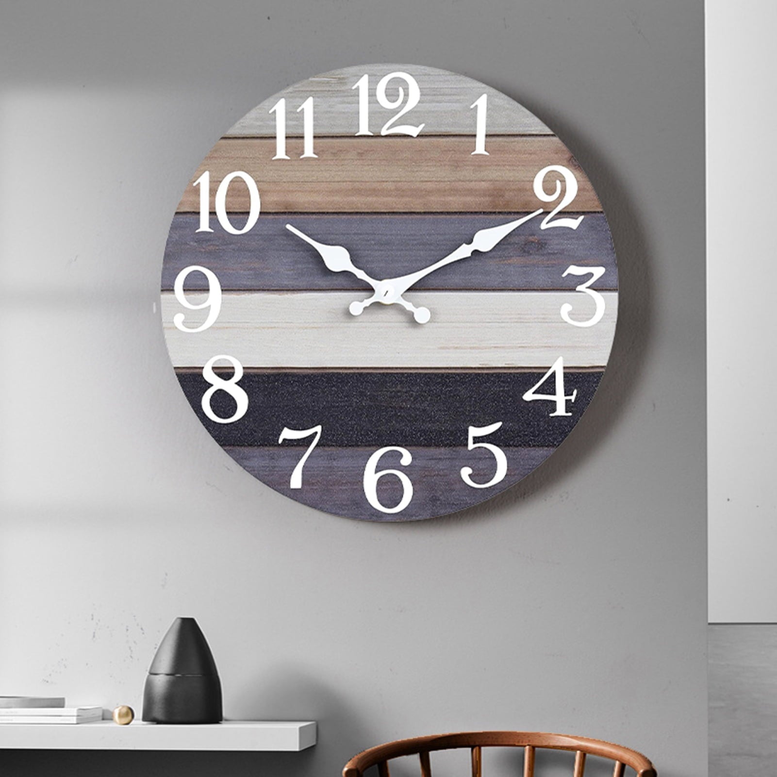 Trayknick Vintage Rustic 10-Inch Round Wood Wall Clock - Non-Ticking Silent Battery Operated, Indoor Analog Clock for Home Decoration