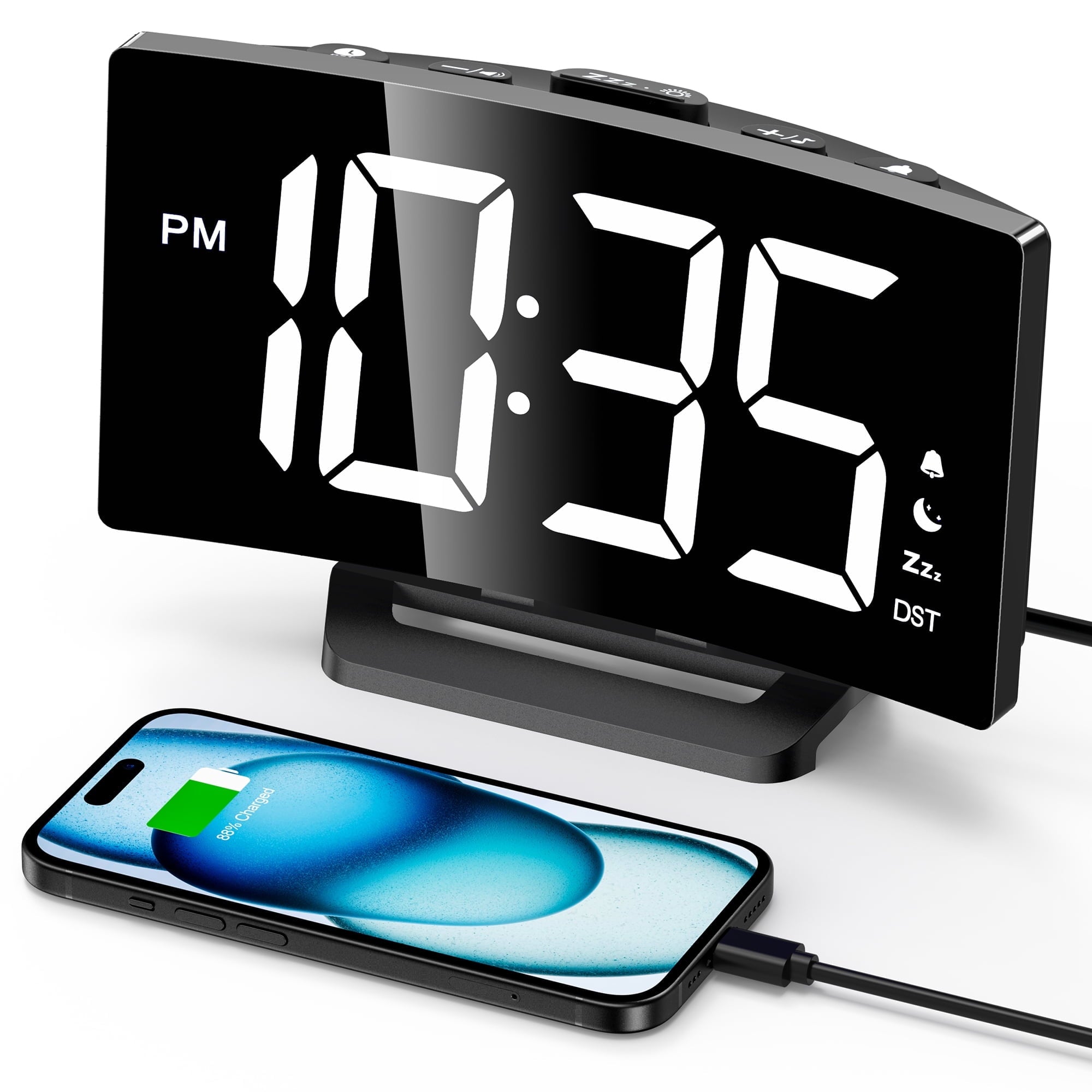 Mpow Digital Alarm Clock for Bedrooms, Large Numbers, Easy to Set Digital Clock with Modern Curved Design, 6 Levels Brightness, 3 Alarm Tones & 2 Volume, 9min Snooze, Battery Backup, 12/24H