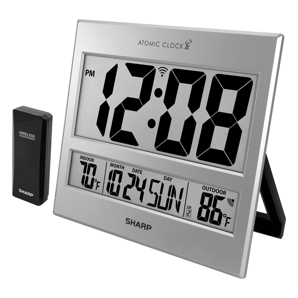 Sharp Atomic Clock - Jumbo 3" Easy to Read Numbers - Never Needs Setting! - Indoor/ Outdoor Temperature Display with Wireless Outdoor Sensor - Silver