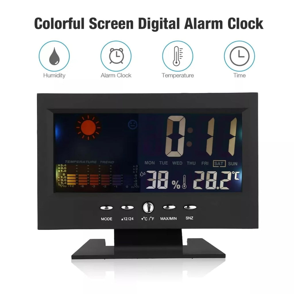 Alarm Clock Black Weather Station Wireless Indoor Outdoor Thermometer Temperature Desk Digital Alarm Clock Weather Thermometer LED Temperature Humidity Monitor