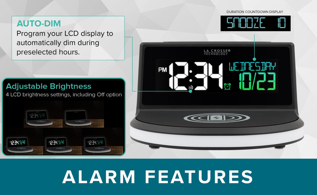 La Crosse Technology 617-148V2 Black Wireless Charging Alarm Clock with Glowing LED Base
