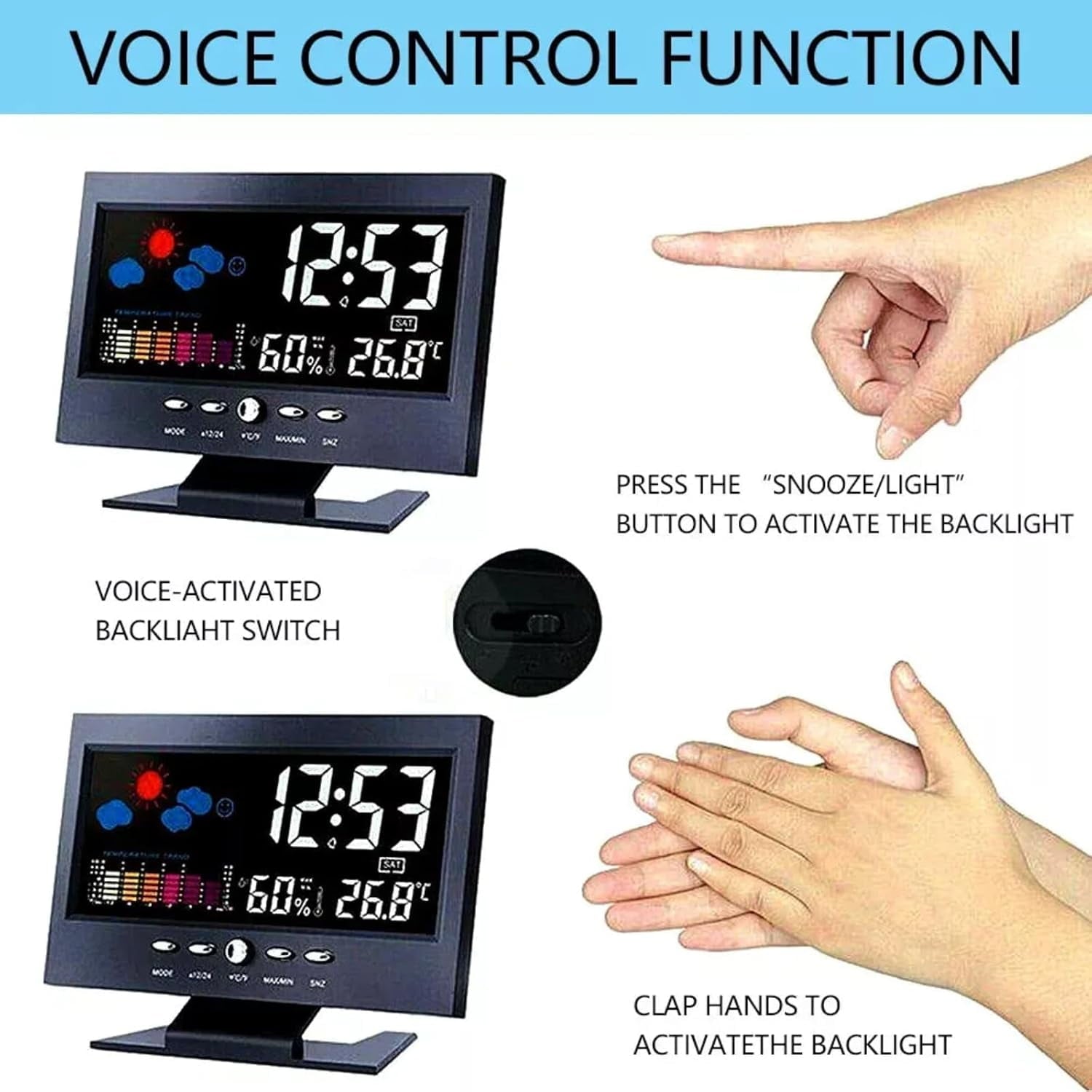 Alarm Clock Black Weather Station Wireless Indoor Outdoor Thermometer Temperature Desk Digital Alarm Clock Weather Thermometer LED Temperature Humidity Monitor