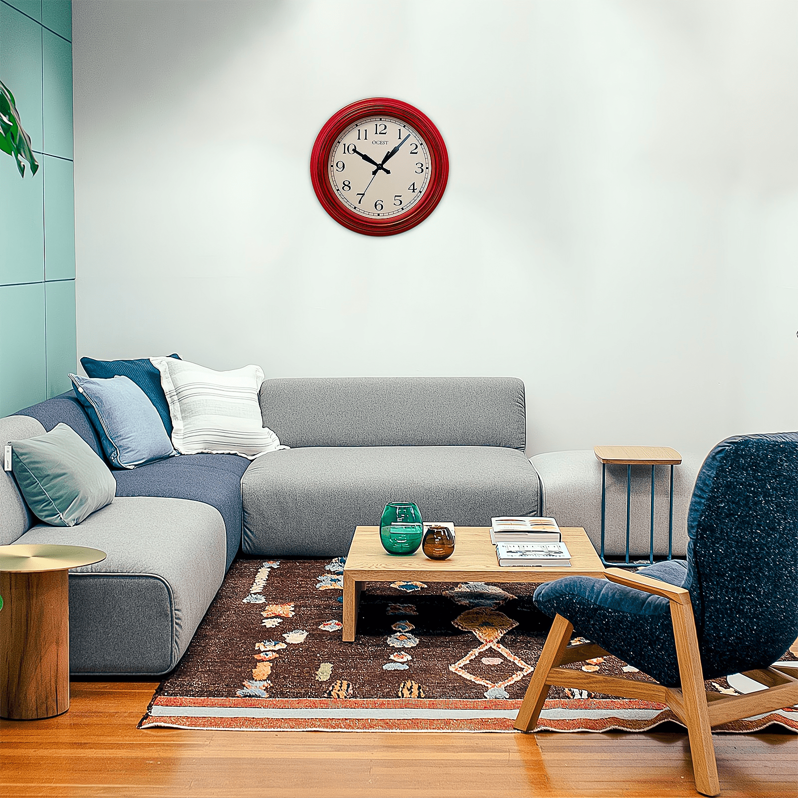 OCEST Retro Wall Clock 9 Inch Red Kitchen 50's Vintage Design Round Silent Non Ticking Battery Operated Quality Quartz Clock for Home Office Classroom