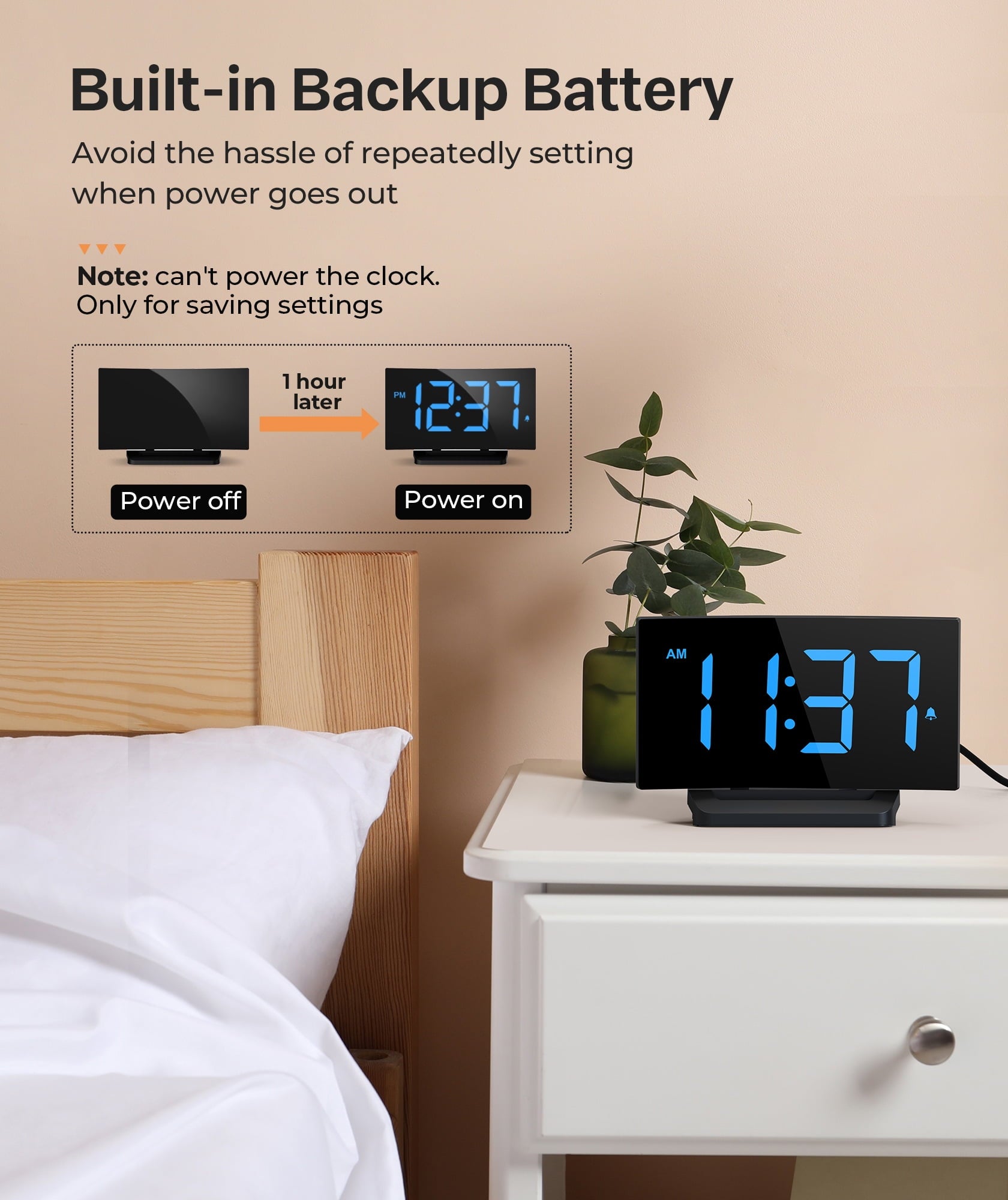 Mpow Digital Alarm Clock for Bedrooms, Large Numbers, Easy to Set Digital Clock with Modern Curved Design, 6 Levels Brightness, 3 Alarm Tones & 2 Volume, 9min Snooze, Battery Backup, 12/24H