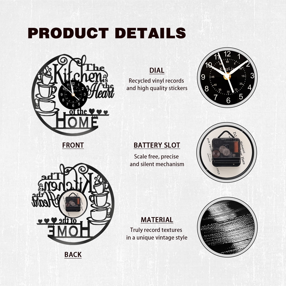 12 Inch Kitchen Vinyl Record Wall Clock, Kitchen Heat Home Theme Wall Clock, Coffee Bar Decor, Coffee Wall Decor for Office Living Room, for Women Wives, Black