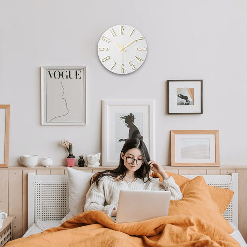 12 Inch Wall Clock Silent Non Ticking, Preciser Modern Style Decor Clock for Home, Office, School, Kitchen, Bedroom, Living Room(White)