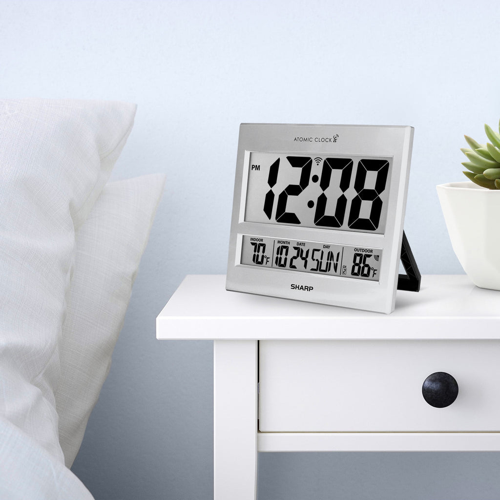 Sharp Atomic Clock - Jumbo 3" Easy to Read Numbers - Never Needs Setting! - Indoor/ Outdoor Temperature Display with Wireless Outdoor Sensor - Silver